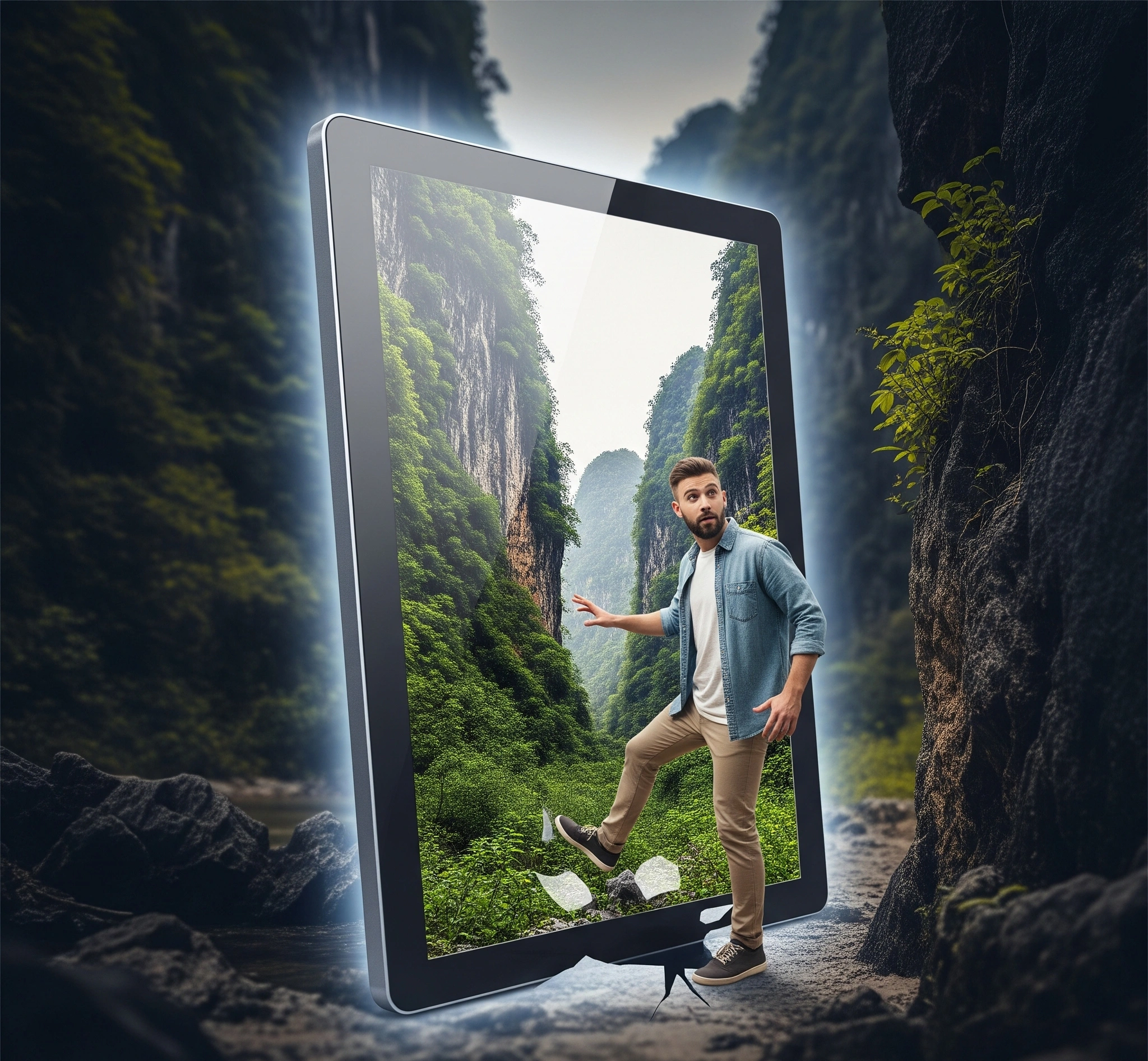 Gambar metafora seorang pengunjung melangkah keluar dari bingkai foto digital ke dalam realitas alam Kalibiru, menyimbolkan transisi dari pengalaman digital ke pengalaman otentik.