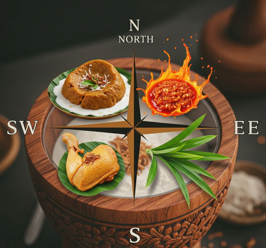Gambar metafora Kompas Rasa Gudeg. Gunakan untuk memetakan preferensi Anda dan menemukan gudeg yang paling tepat.