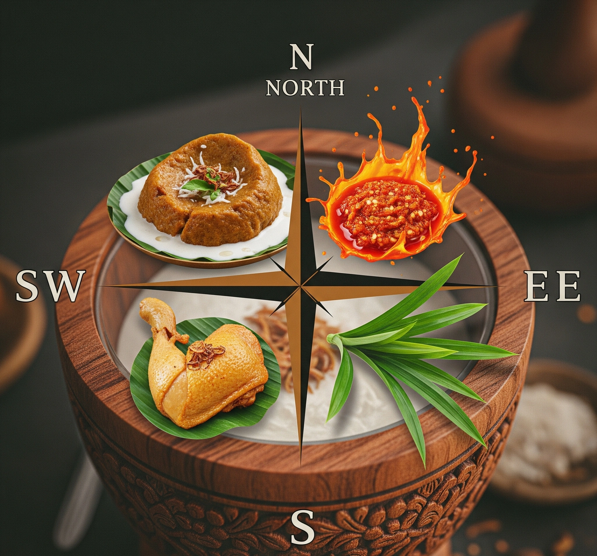 Gambar metafora Kompas Rasa Gudeg. Gunakan untuk memetakan preferensi Anda dan menemukan gudeg yang paling tepat.