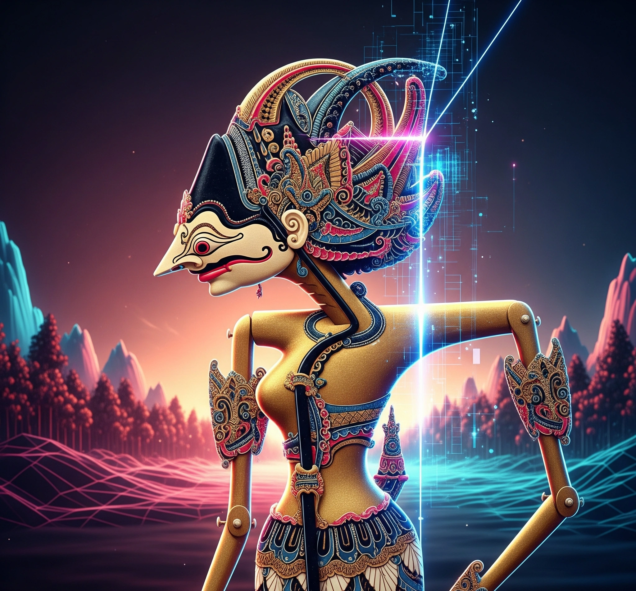Ilustrasi perpaduan Wayang Kulit tradisional dengan elemen digital modern, melambangkan inovasi dan pelestarian.
