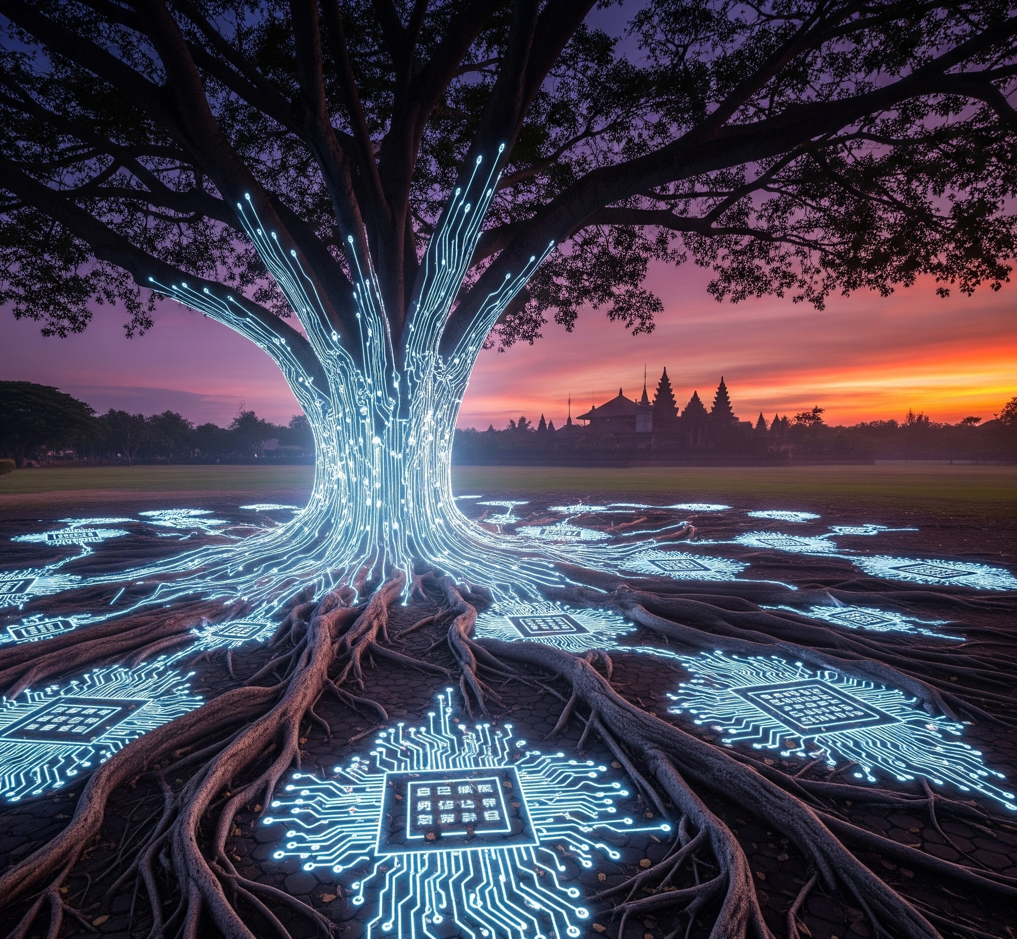 Gambar metafora sebuah pohon beringin tua yang kokoh dengan akar-akar yang menjulang, namun di antara akarnya terdapat pola sirkuit digital yang bercahaya, melambangkan perpaduan tradisi dan teknologi. Latar b