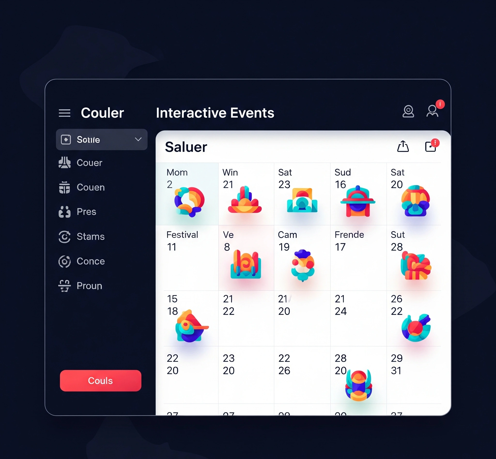 Gambar Metafora Kalender digital interaktif dengan ikon-ikon budaya dan festival yang dinamis, melambangkan jadwal acara yang terus diperbarui.