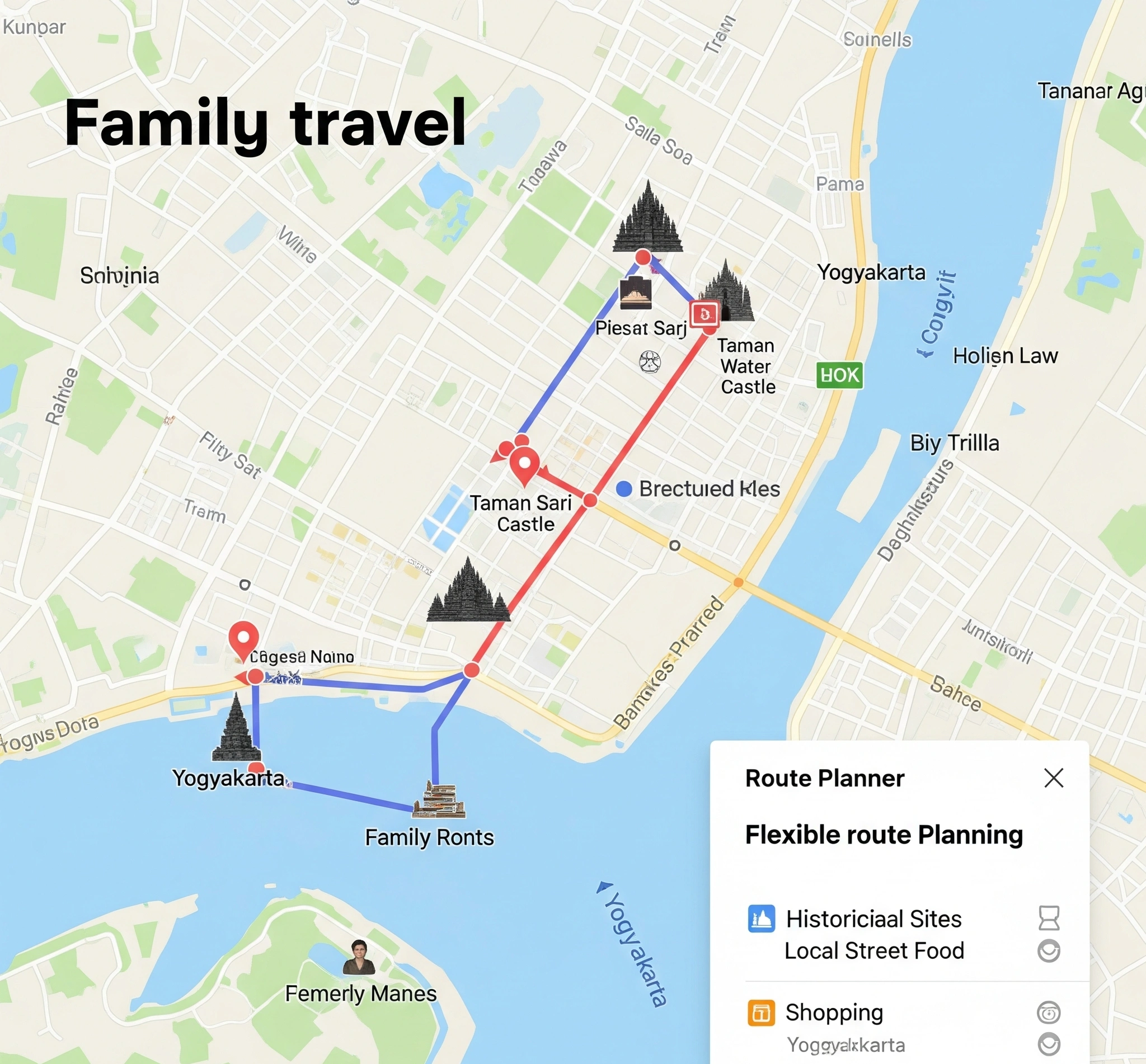Gambar Metafora Peta digital interaktif yang menampilkan rute perjalanan keluarga di Jogja dengan ikon destinasi dan fleksibilitas rute.
