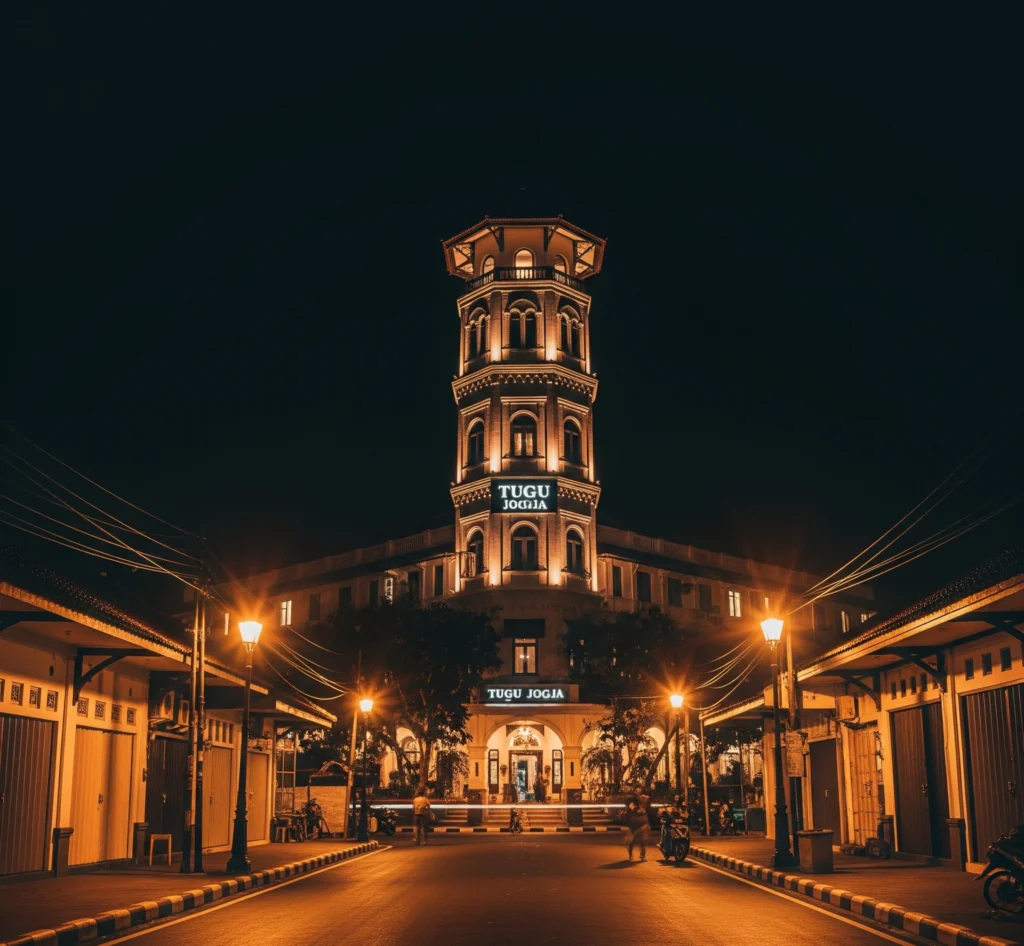 Gambar Utama Pemandangan ikonik Tugu Jogja di malam hari, dengan lampu jalan yang memancarkan cahaya hangat, melambangkan pengalaman liburan yang berkesan namun hemat.