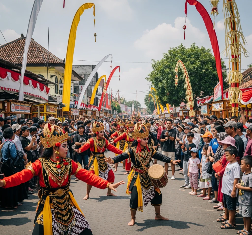 Gambar Utama Pemandangan meriah dari sebuah festival budaya di Jogja dengan penari tradisional dan kerumunan orang, melambangkan kekayaan event.