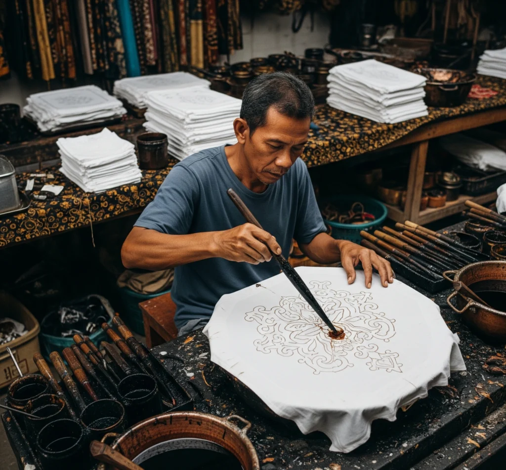 Gambar Utama Seorang pengrajin membatik dengan canting di Kampung Batik Giriloyo, Yogyakarta, menunjukkan keindahan dan ketelitian proses tradisional.