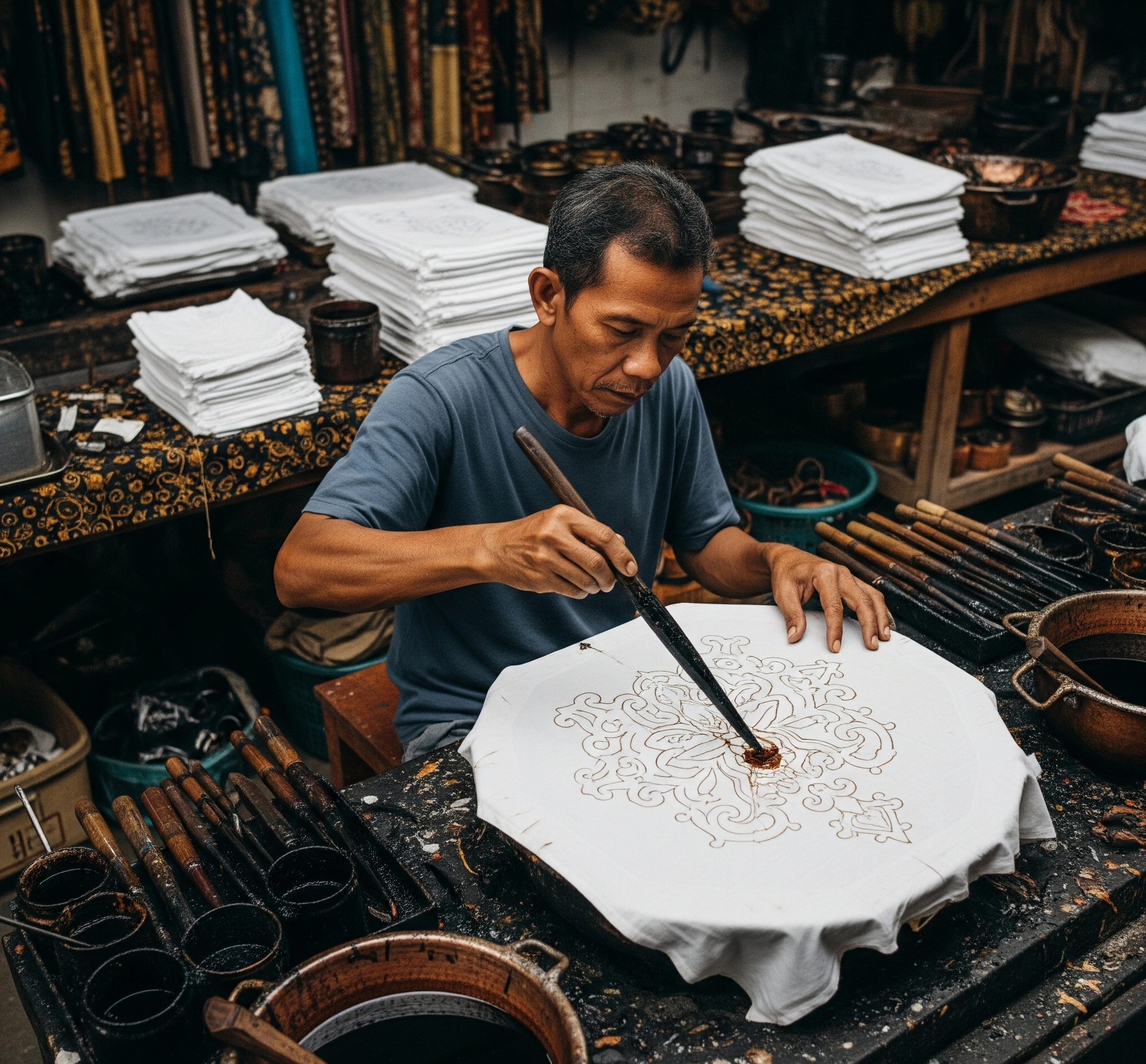 Gambar Utama Seorang pengrajin membatik dengan canting di Kampung Batik Giriloyo, Yogyakarta, menunjukkan keindahan dan ketelitian proses tradisional.