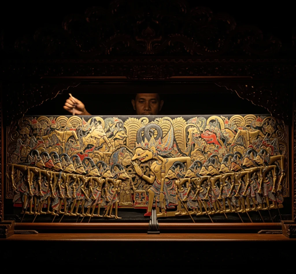 Gambar Utama Wayang Kulit Jogja Sebuah wayang kulit Jogja yang detail, diterangi cahaya dramatis, memancarkan aura mistis dan filosofis.