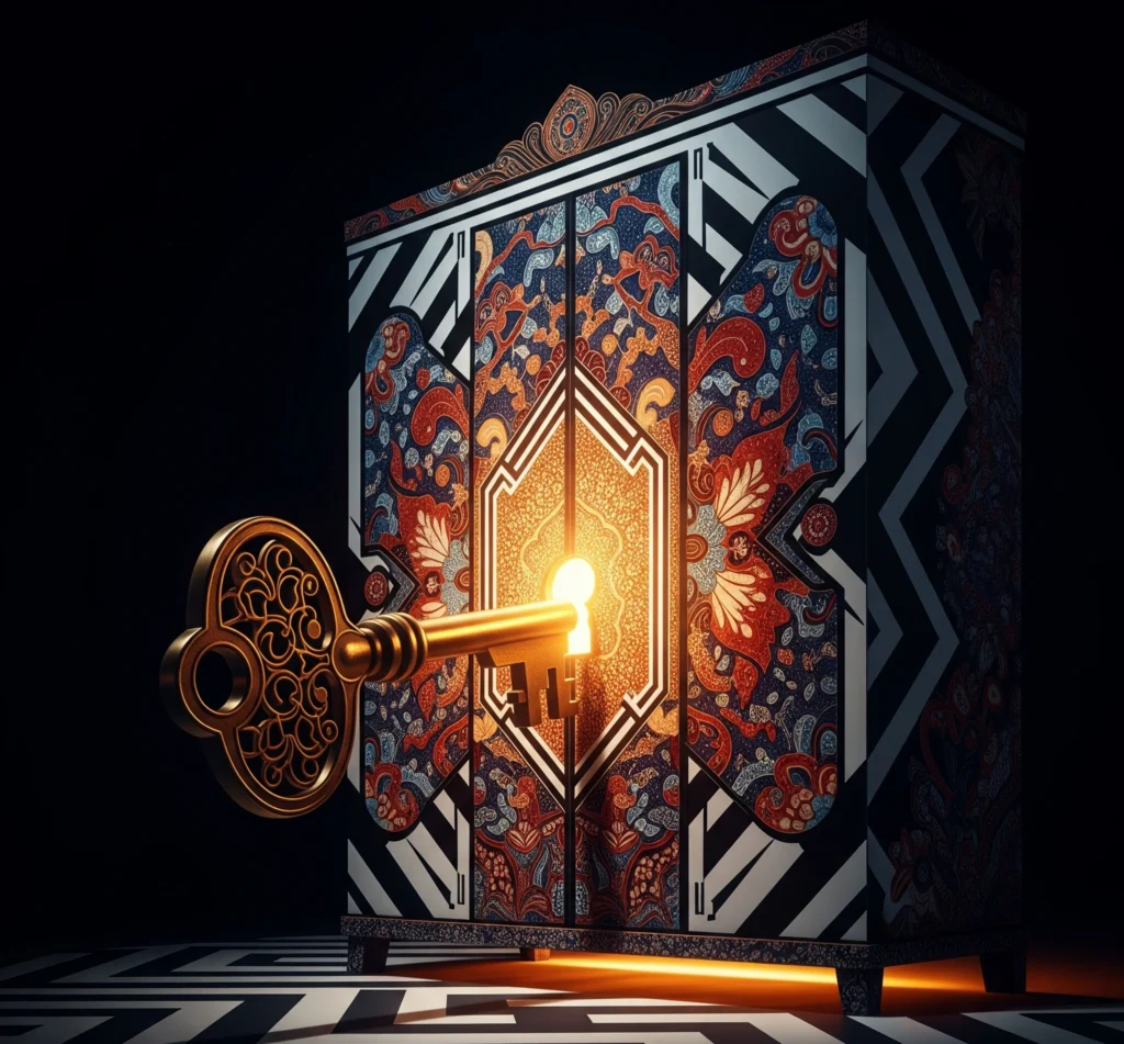 Gambar metafora kunci yang membuka lemari pakaian memancarkan cahaya dengan motif batik dan desain modern