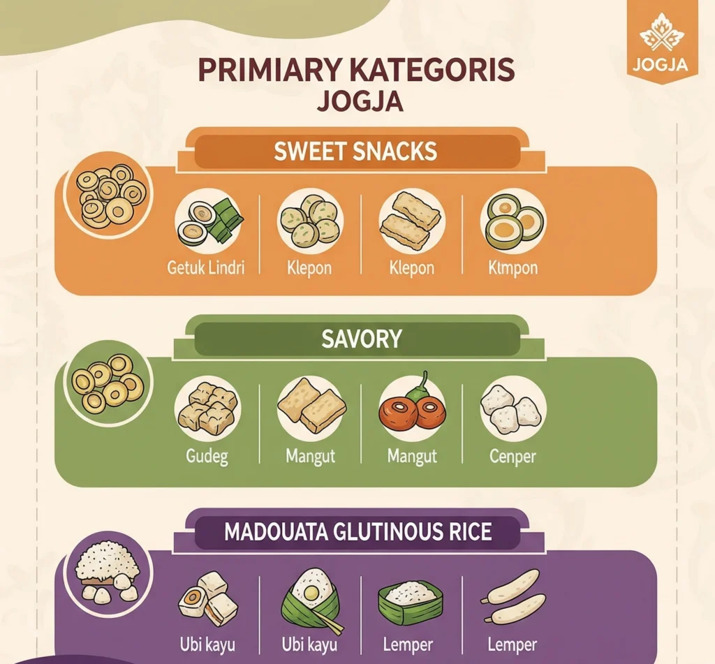 Infografis yang menampilkan kategori utama jajanan pasar Jogja manis, gurih, dan ketan, dengan ikon-ikon kecil untuk setiap jenis.