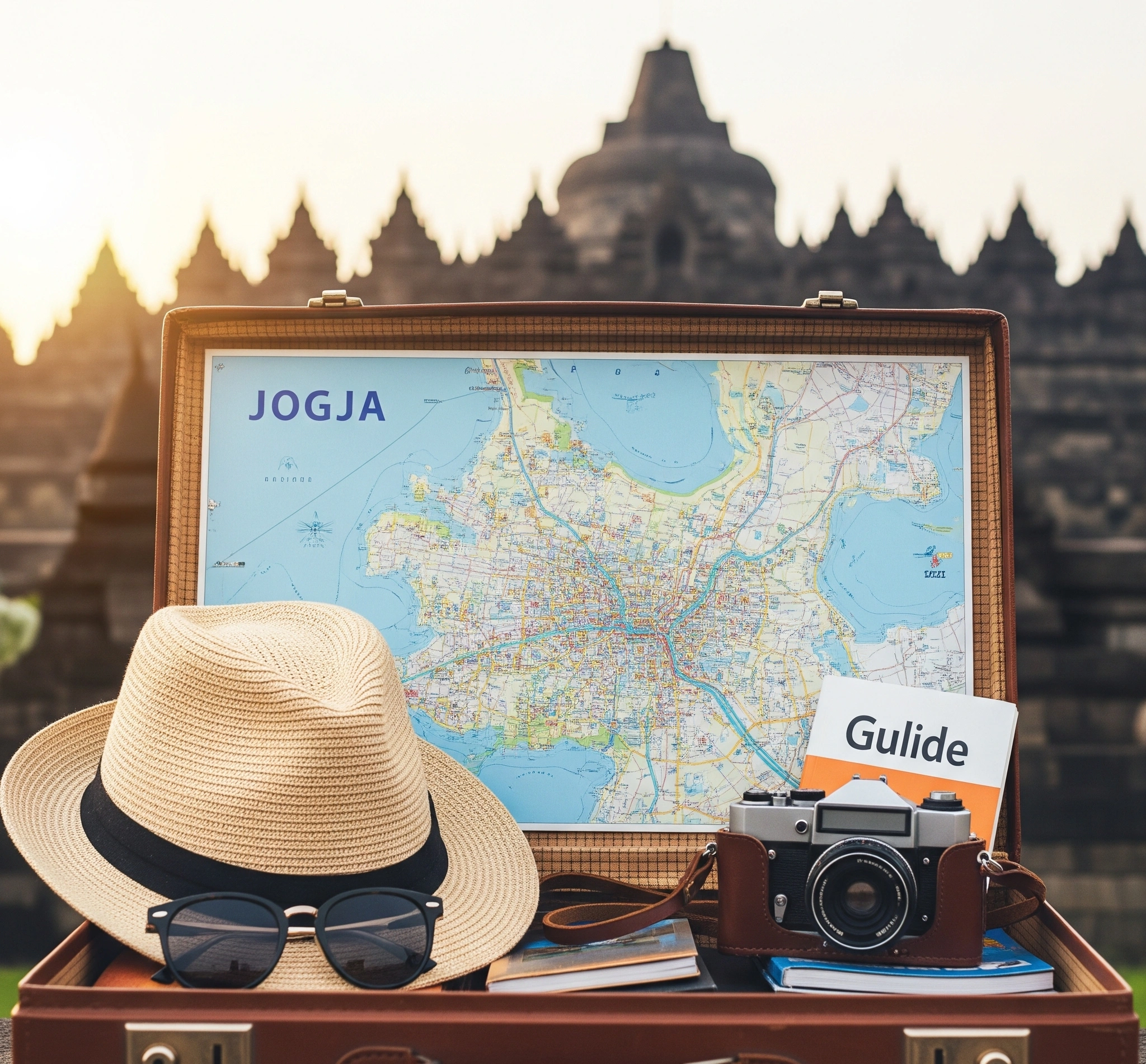 Koper terbuka yang berisi berbagai perlengkapan esensial untuk wisata ke Jogja, seperti topi, kacamata hitam, peta, dan kamera, dengan latar belakang ikonik Jogja yang kabur.