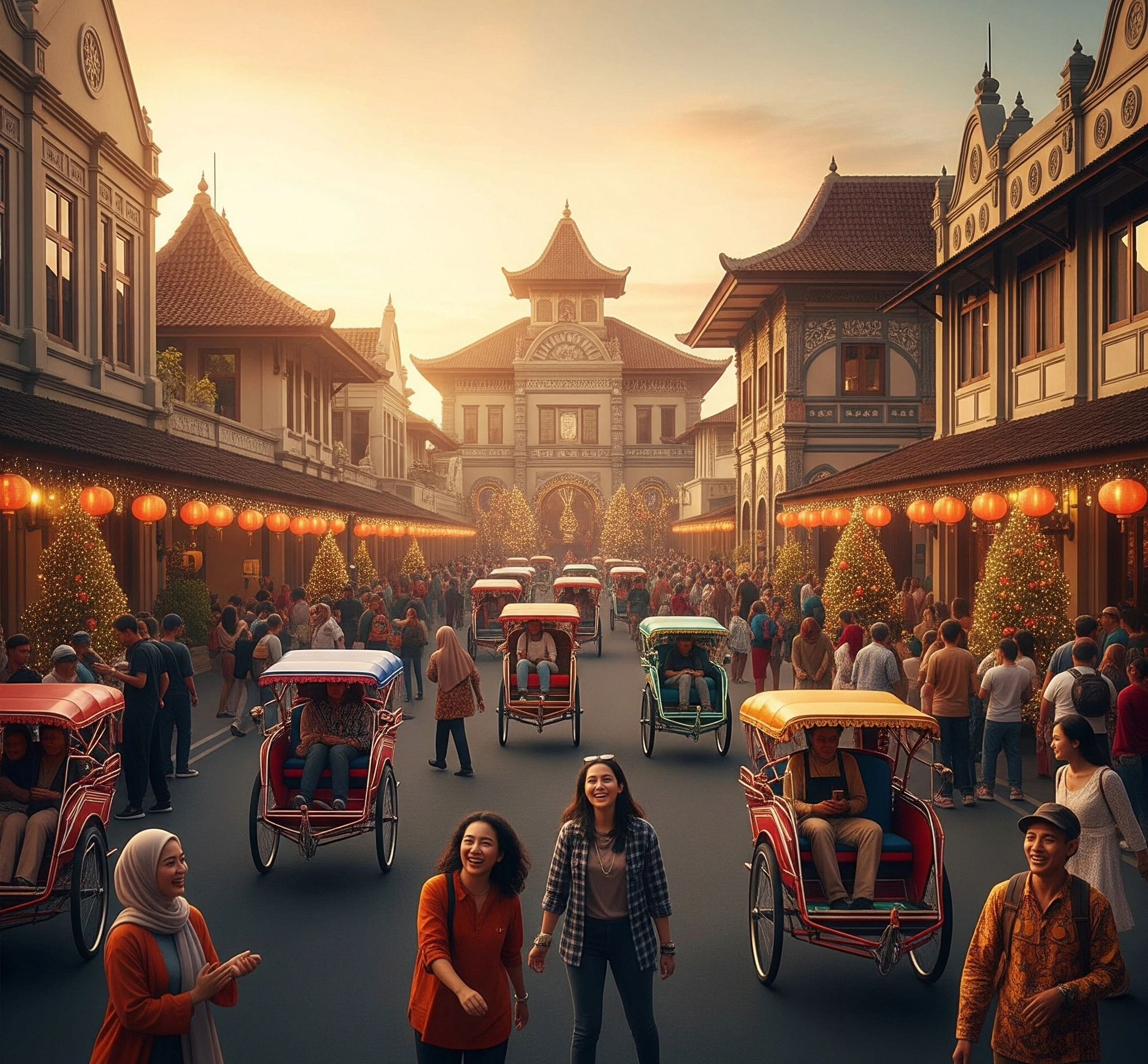 Pemandangan Kota Yogyakarta yang ramai namun ceria saat musim liburan, dengan elemen tradisional seperti becak dan modern seperti turis yang tersenyum, berpadu dalam pencahayaan sinematik.