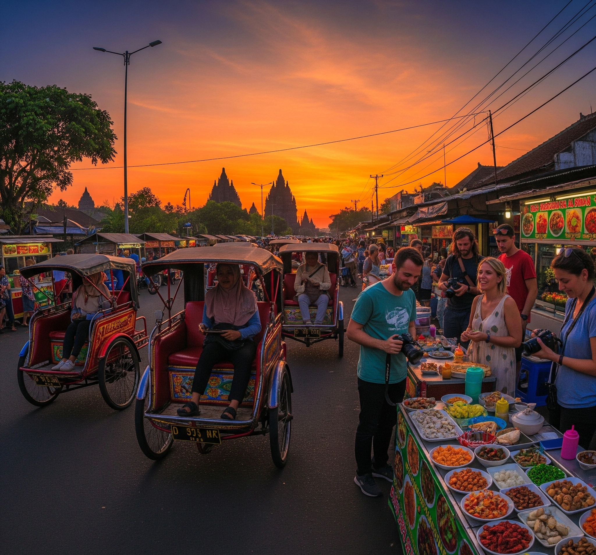 Pemandangan Yogyakarta saat senja, menampilkan becak tradisional, siluet candi di kejauhan, pedagang kaki lima, dan wisatawan yang ceria, mencerminkan perjalanan yang otentik dan terjangkau.