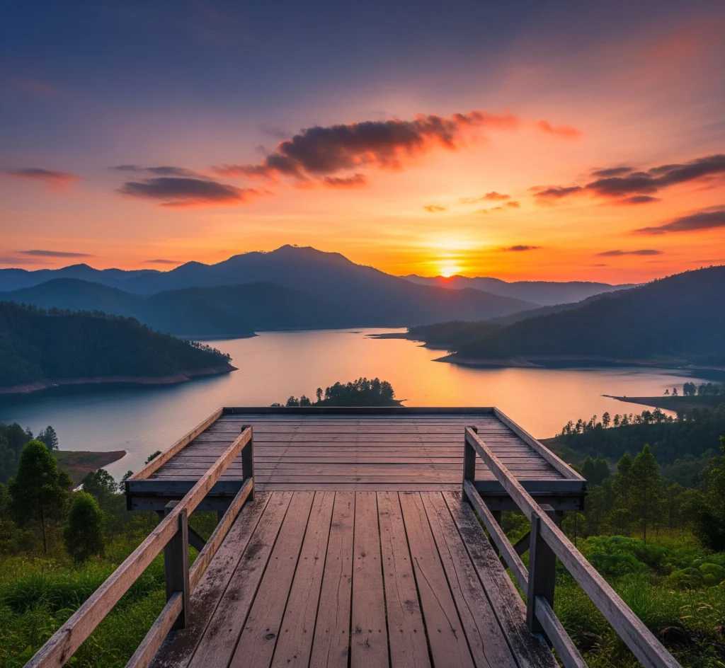 Pemandangan ikonik Kalibiru dengan platform kayu yang menjorok ke arah Waduk Sermo dan perbukitan Menoreh di bawah langit senja yang dramatis, memberikan kesan keindahan alam yang luas.