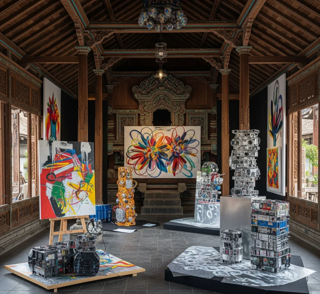 Sebuah instalasi seni modern yang menyatu dengan arsitektur tradisional Yogyakarta, menunjukkan perpaduan antara seni kontemporer dan budaya lokal.