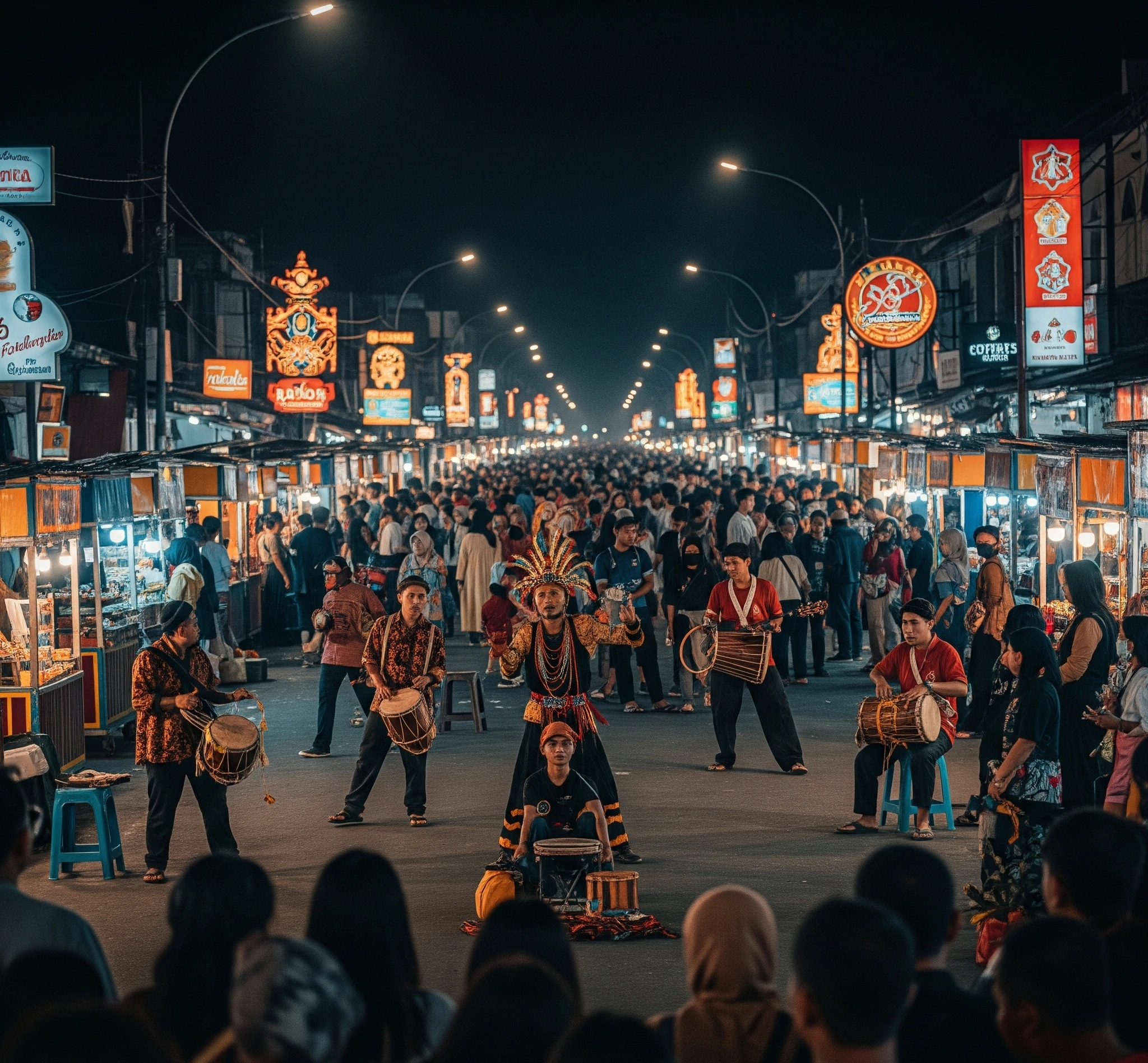 Suasana Malioboro di malam hari dengan pertunjukan seni jalanan dan keramaian