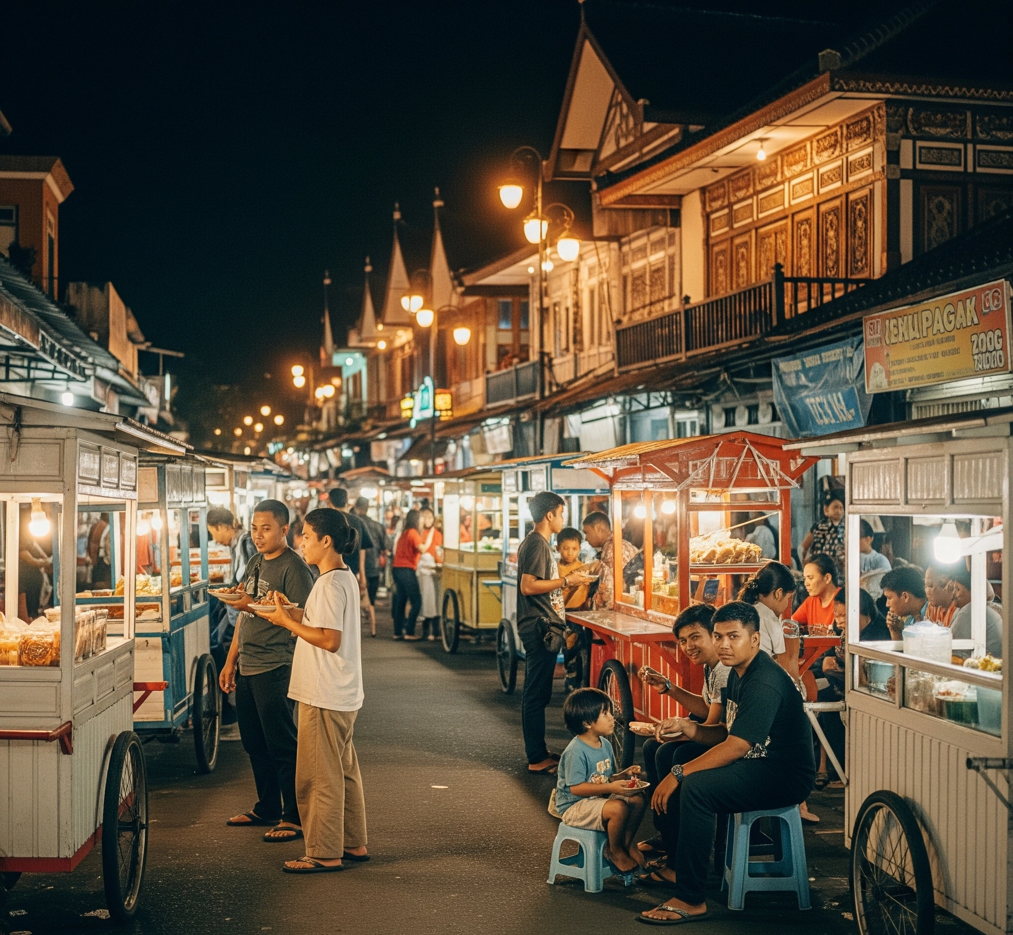 Suasana malam di Jogja yang ramai dengan berbagai gerobak kuliner jalanan yang bercahaya, orang-orang menikmati makanan, dan latar belakang bangunan tradisional