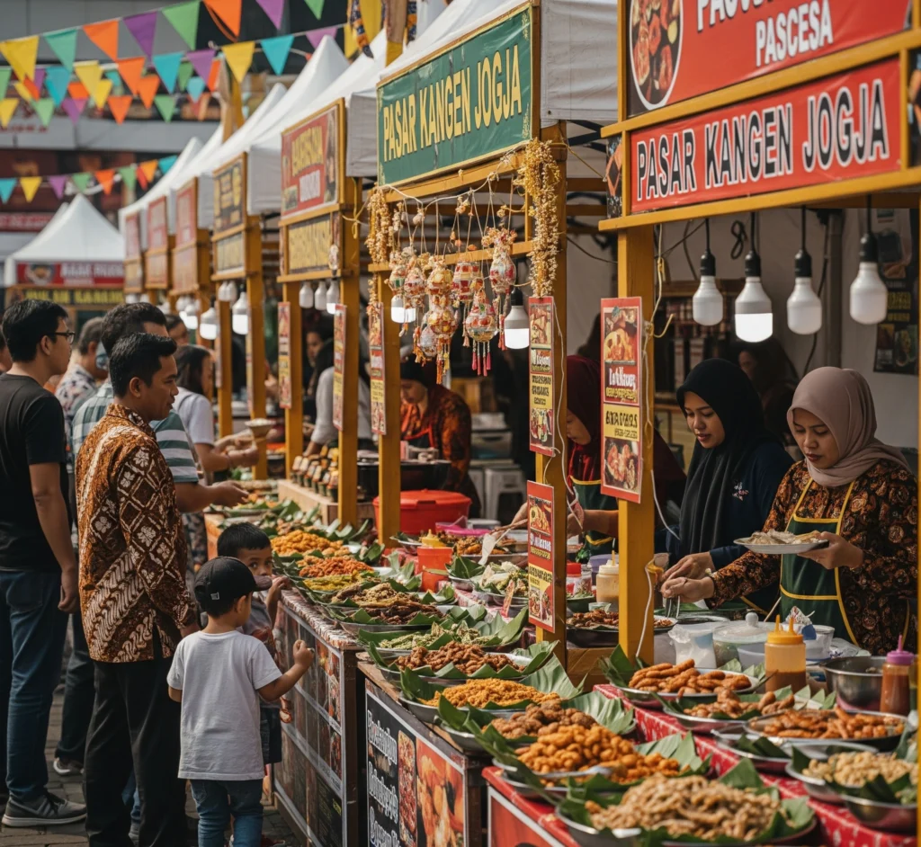 Suasana ramai di Pasar Kangen Jogja dengan penjual makanan tradisional dan pengunjung yang menikmati suasana otentik.