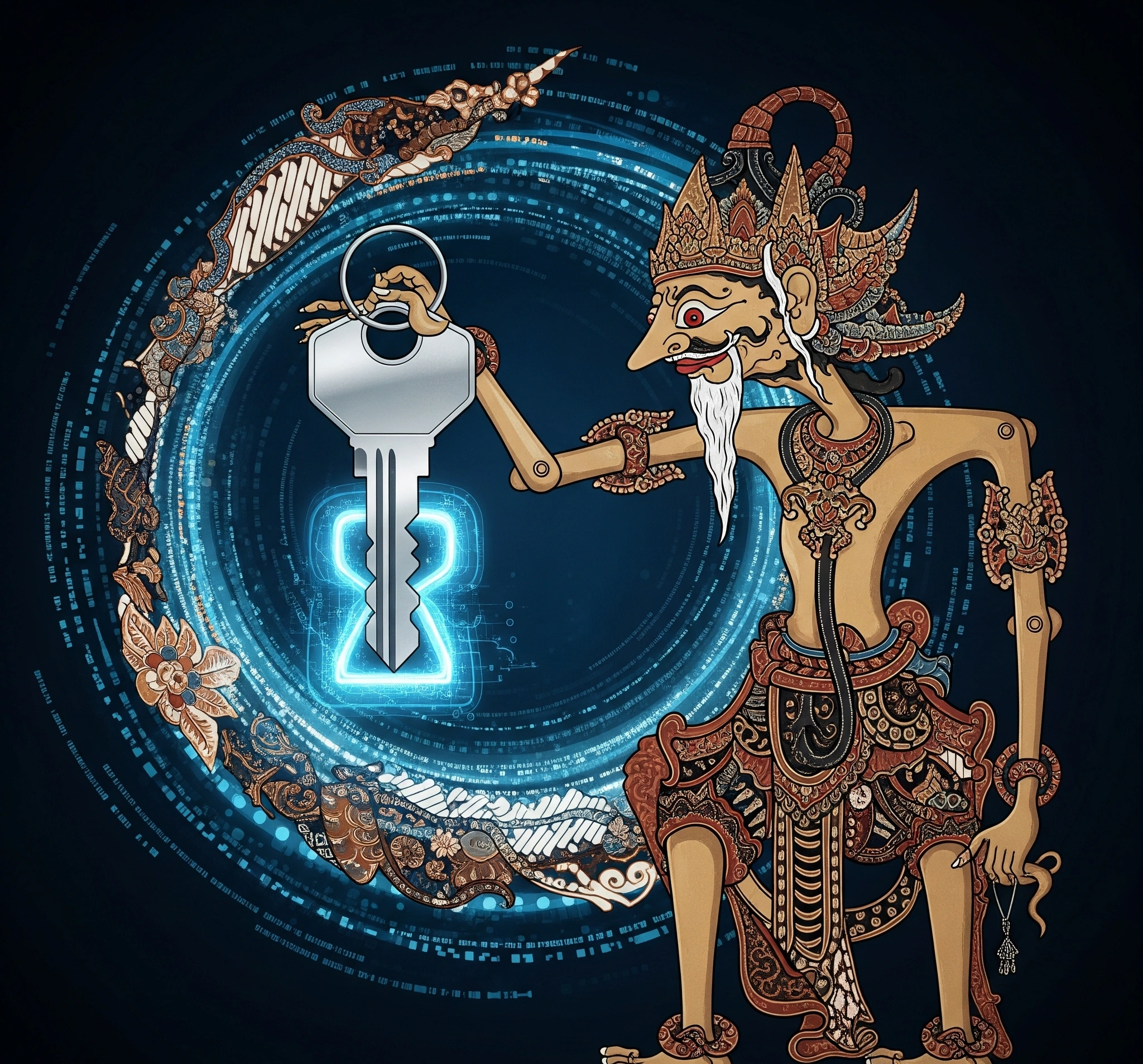 Wayang Semar memegang kunci modern yang membuka perpaduan data digital dan pola batik, simbol adaptasi budaya.