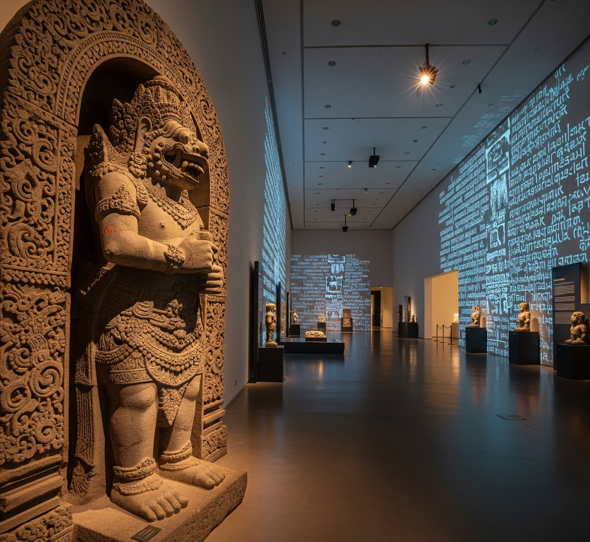 A majestic, ancient Javanese guardian statue (arca dwarapala) standing at the entrance of a modern, softly lit museum hall, with digital projections of historical scripts and patterns subtly overlaying the wal