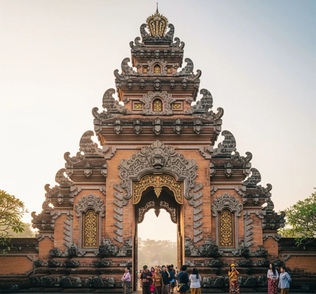 Gambar utama Keraton Yogyakarta yang megah, fokus pada gerbang utama dengan arsitektur Jawa klasik yang detail dan ornamen tradisional. Cahaya pagi yang lembut menyoroti ukiran dan warna-warna hangat, menciptakan kesan keagungan dan ketenangan. Suasana historis namun tetap hidup.