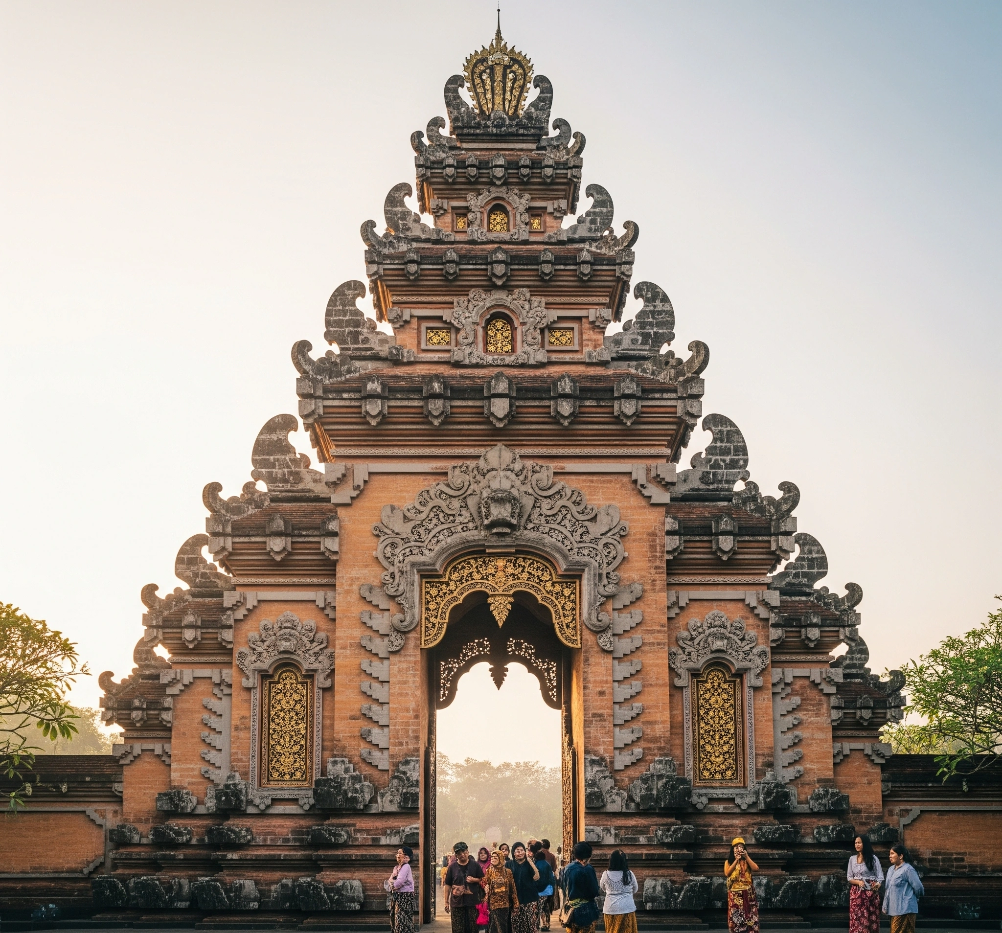 Gambar utama Keraton Yogyakarta yang megah, fokus pada gerbang utama dengan arsitektur Jawa klasik yang detail dan ornamen tradisional. Cahaya pagi yang lembut menyoroti ukiran dan warna-warna hangat, menciptakan kesan keagungan dan ketenangan. Suasana historis namun tetap hidup.