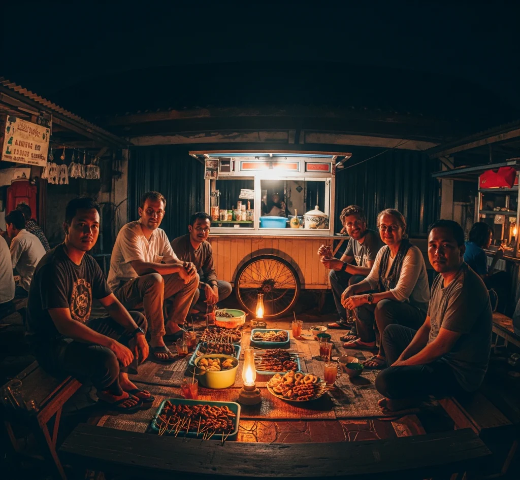 Suasana malam yang hidup dan atmosferik di Angkringan tradisional di Yogyakarta, Indonesia. Cahaya hangat dari lampu sederhana menerangi sekelompok orang (lokal dan mungkin turis) yang duduk di bangku rendah di sekitar gerobak, menikmati makanan dan percakapan yang hidup. Fokus pada pesona otentik, komunal, dan sederhana.