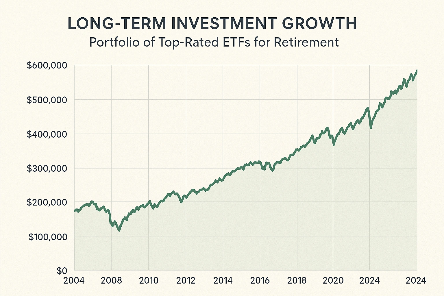 A chart showing the long-term investment growth of a portfolio of the best ETFs for retirement.
