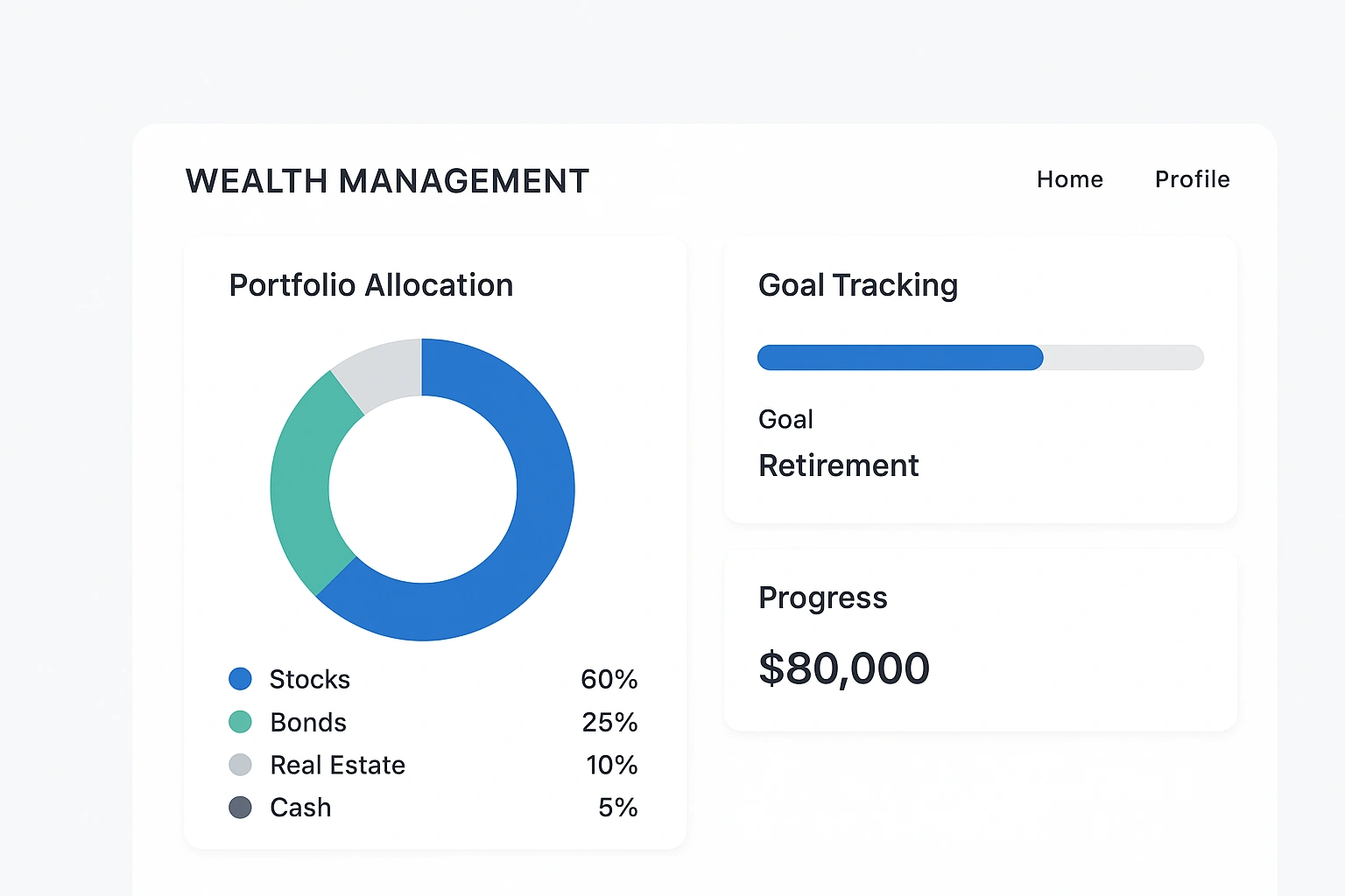 A clean interface of a digital wealth management tool showing portfolio allocation and goal tracking.