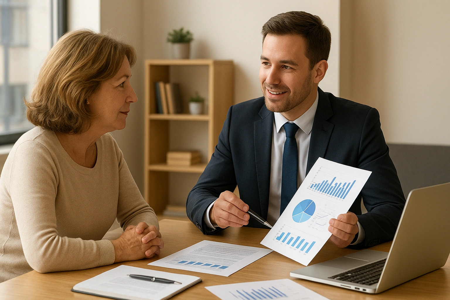 A client interviewing a financial advisor, a key step in choosing wealth management services.