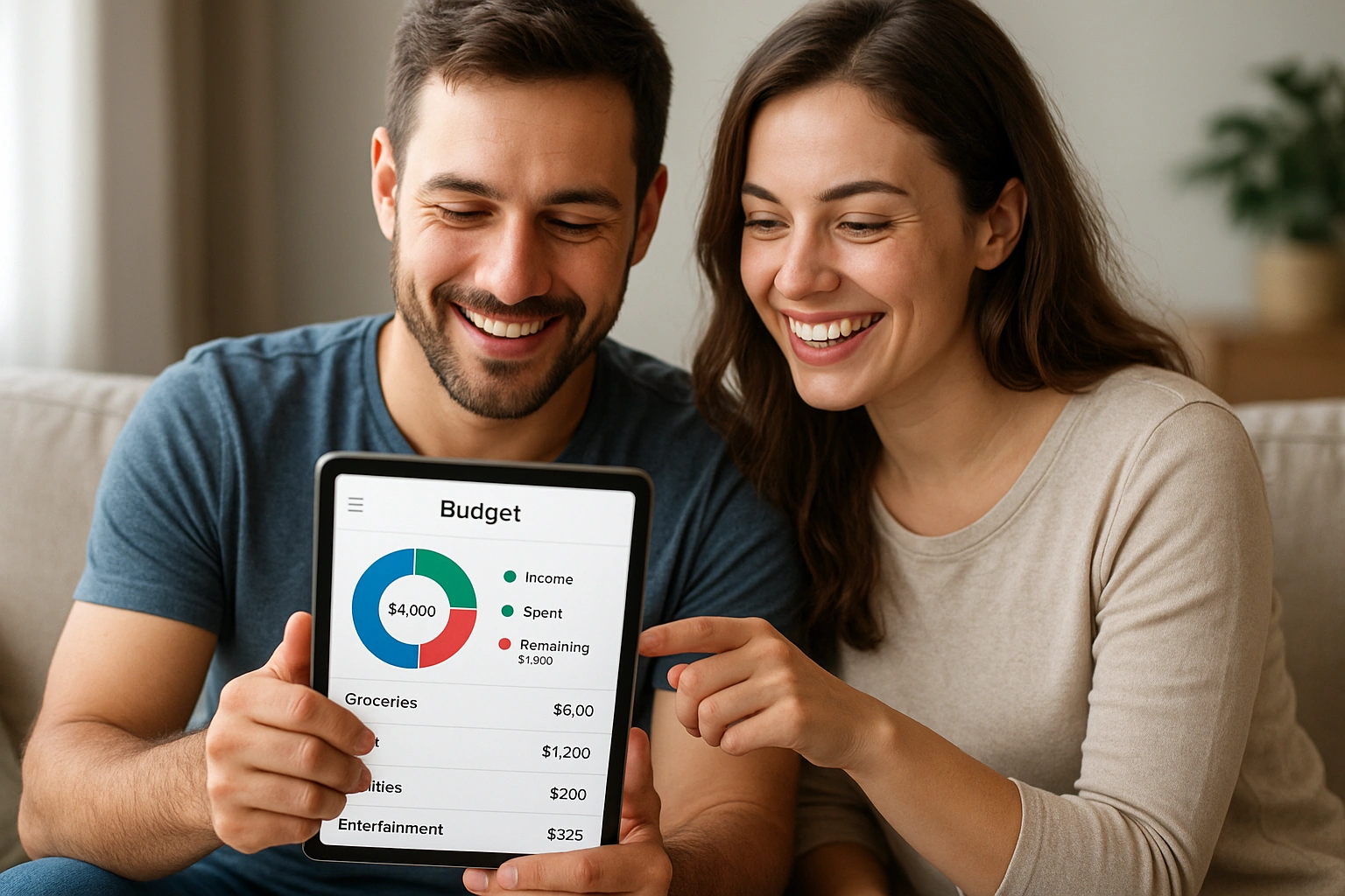 A couple happily using one of the best budgeting apps for couples on their tablet.