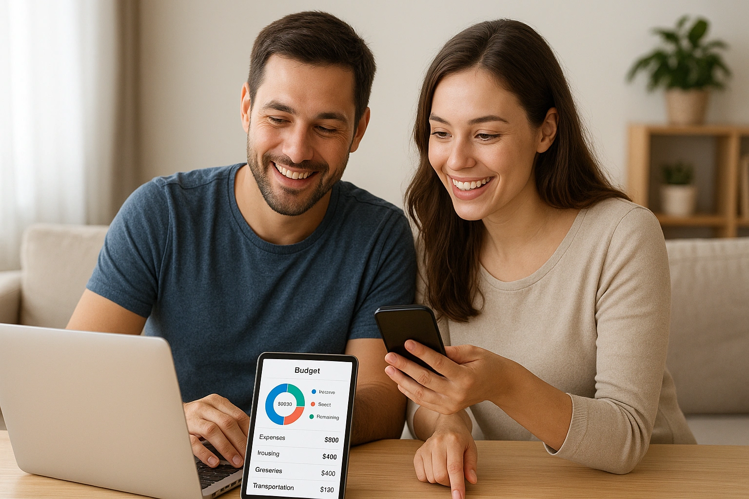 A couple using budgeting apps for couples on laptops and smartphones, tracking shared expenses and financial goals together in a bright, friendly setting.