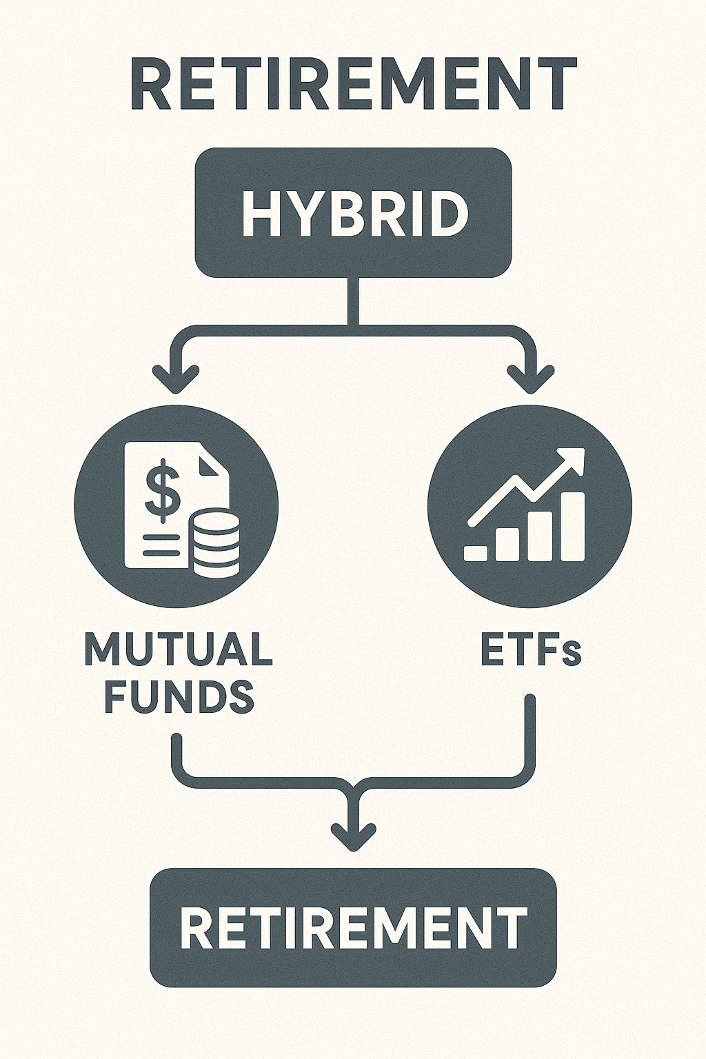 A diagram showing a hybrid strategy of using both mutual funds and ETFs for retirement.