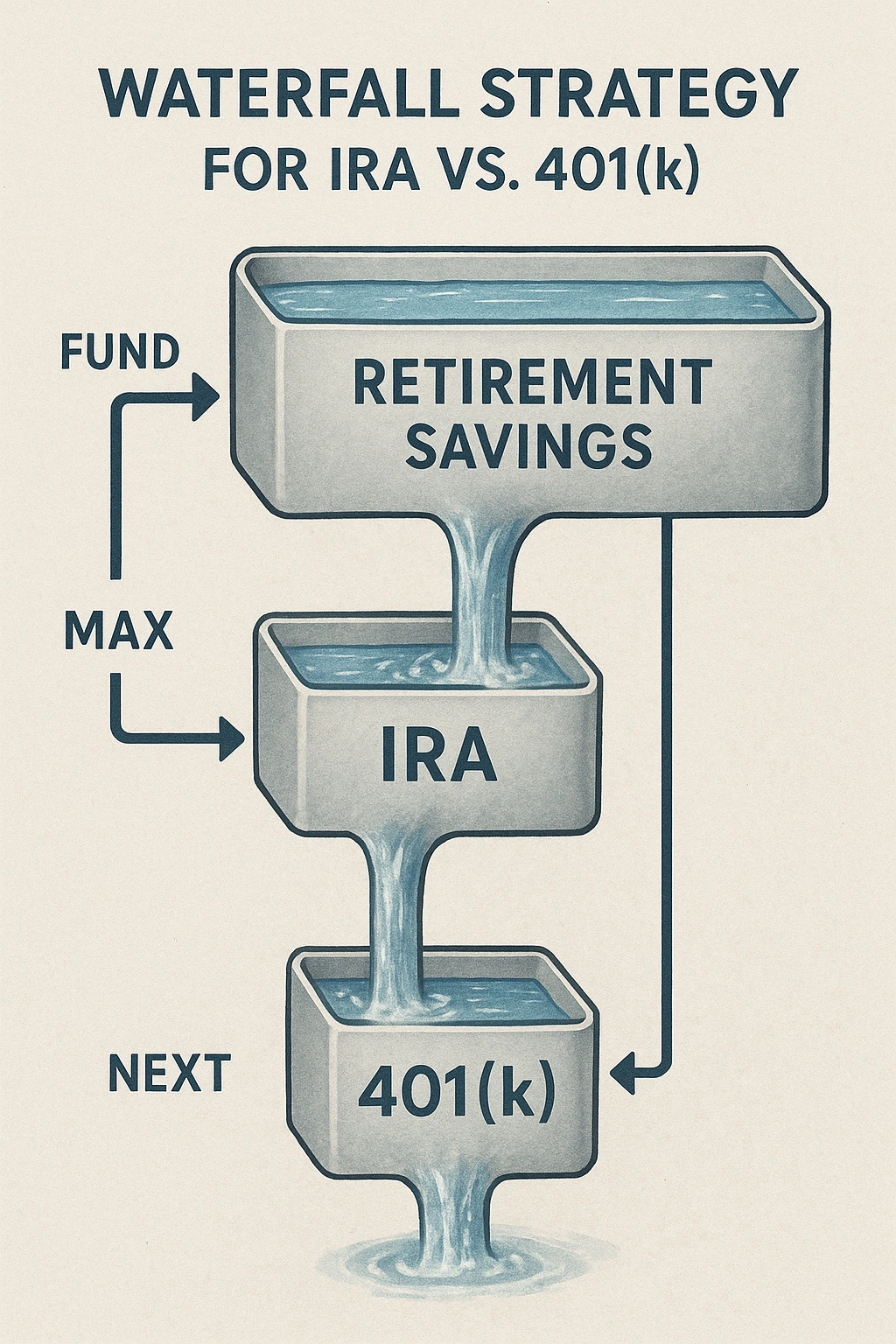 A diagram showing the waterfall strategy for IRA vs 401k retirement savings.
