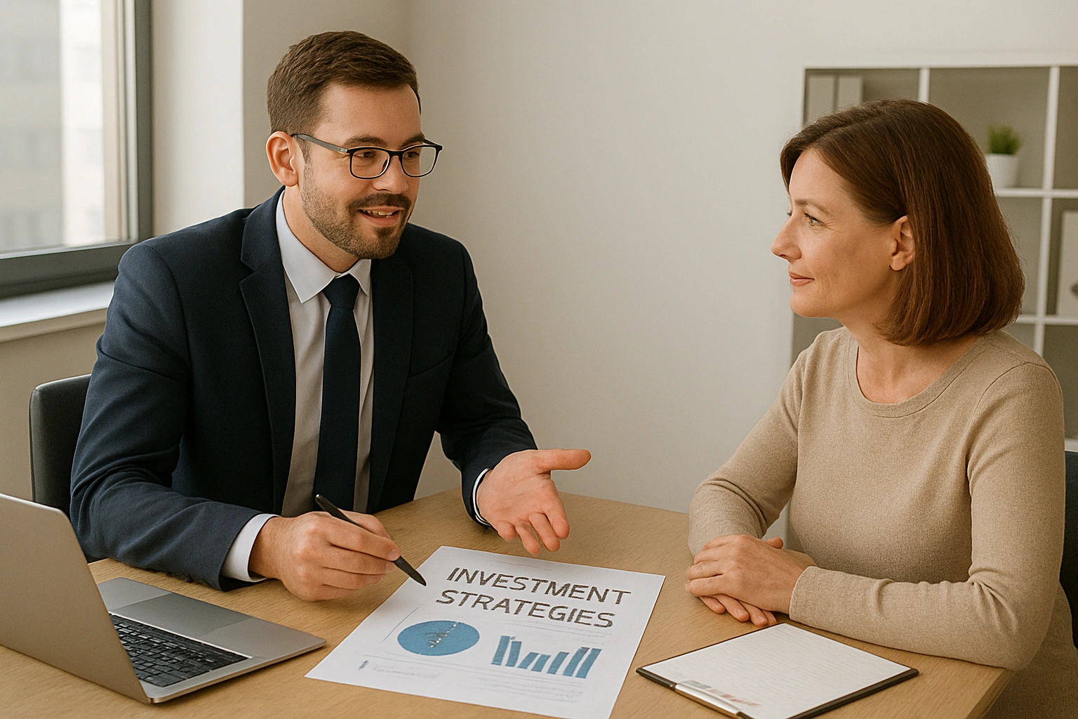 A financial advisor discussing investment strategies with a client in a modern office, illustrating wealth management guidance.