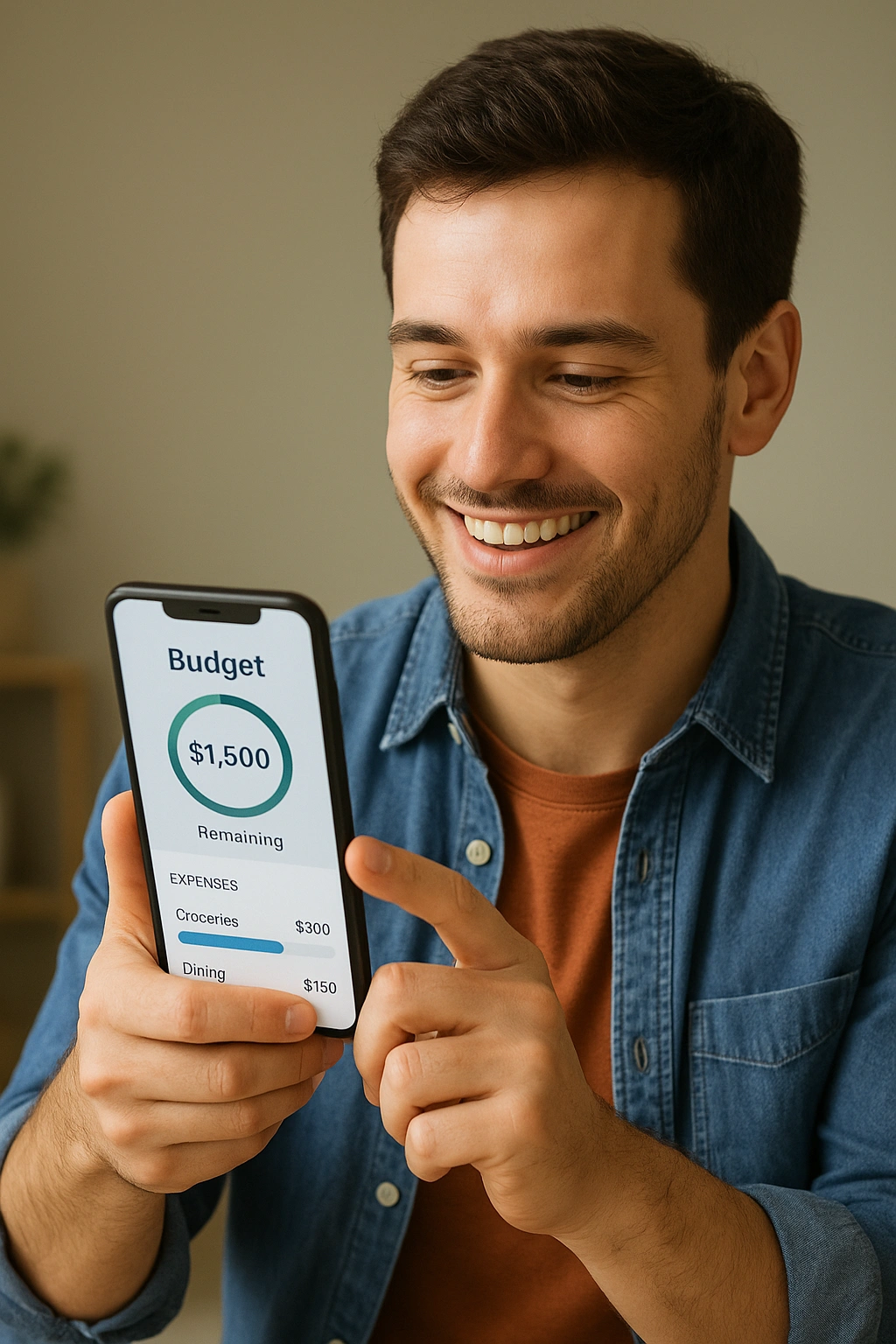 A person happily using one of the best free budgeting apps on their smartphone.