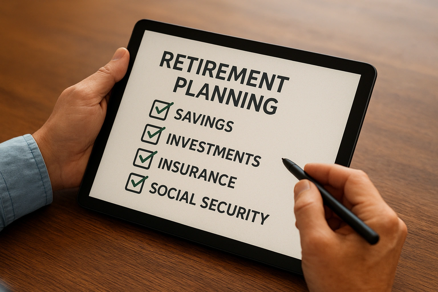 A person reviewing a retirement planning checklist on a tablet.
