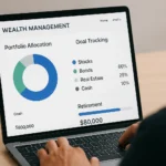 A person using a laptop with a digital financial dashboard, symbolizing modern digital wealth management tools in 2025.