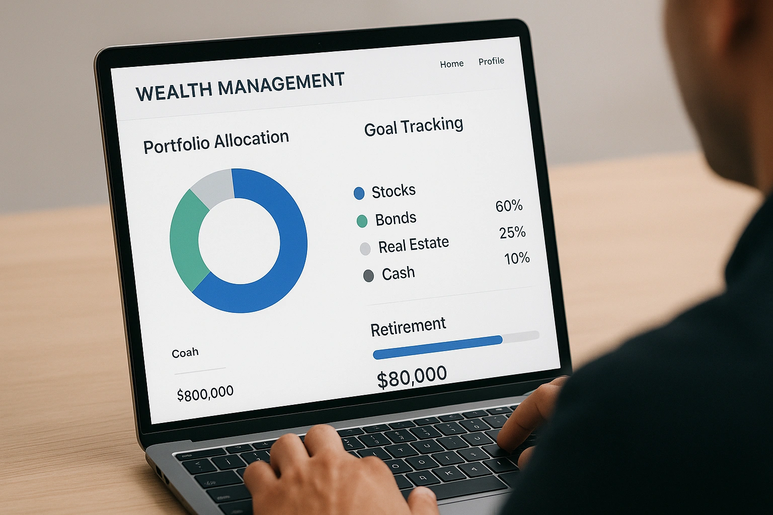 A person using a laptop with a digital financial dashboard, symbolizing modern digital wealth management tools in 2025.