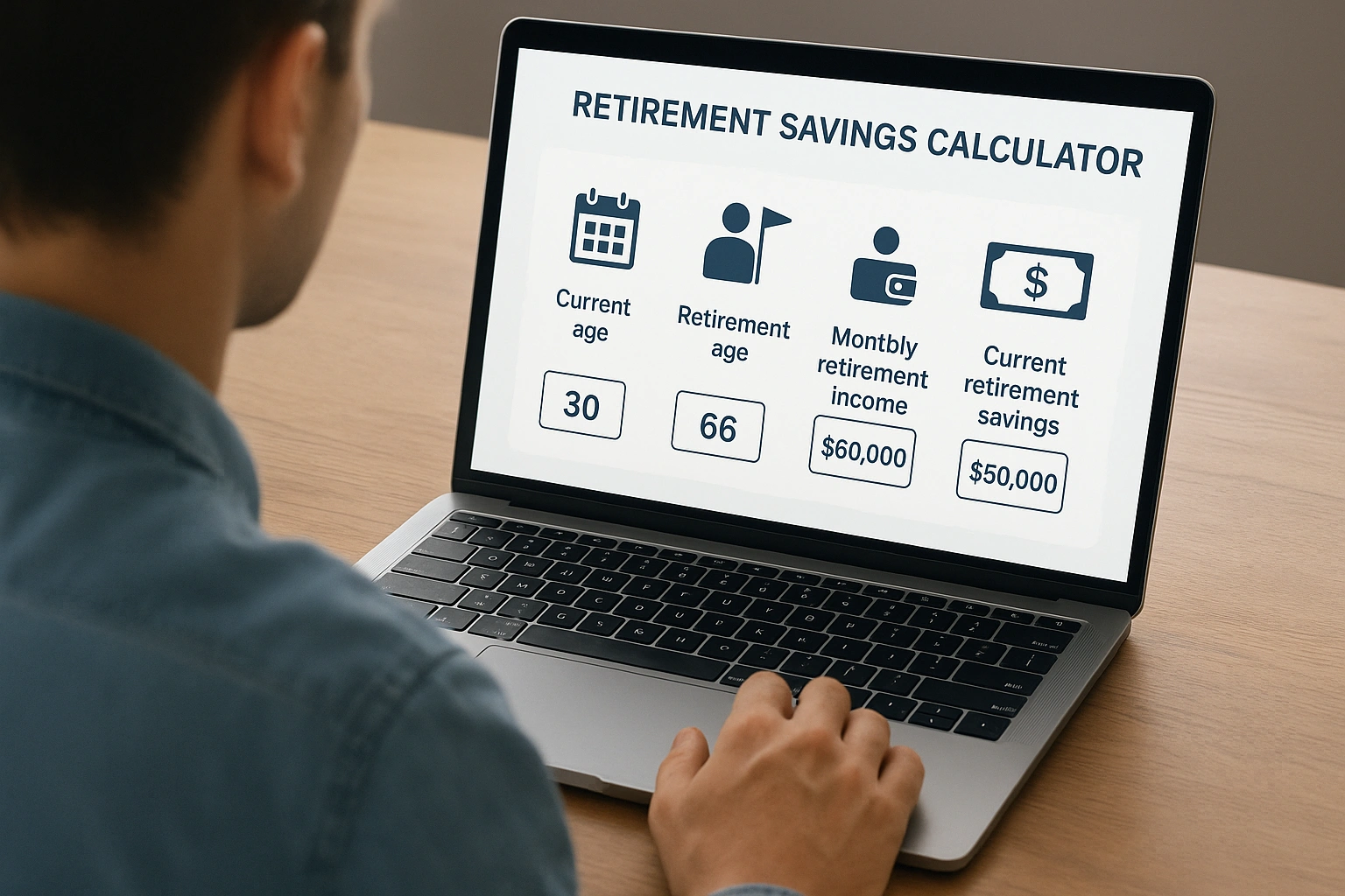 A person using a retirement savings calculator on a laptop to plan their financial future.