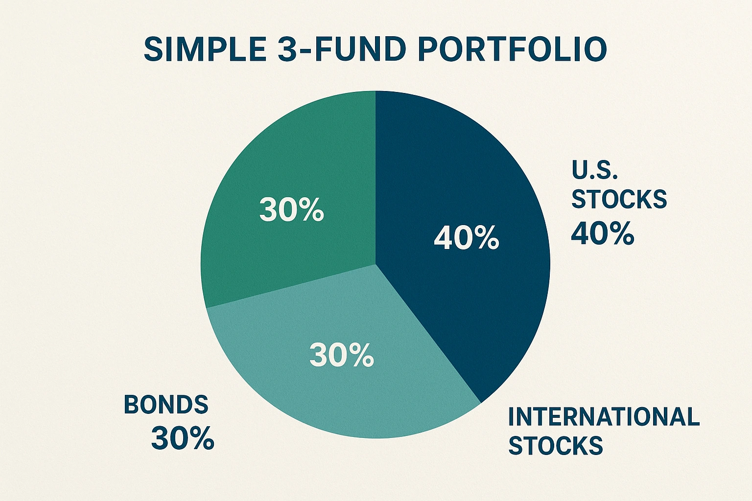 A pie chart showing a simple 3-fund portfolio, a popular strategy using the best ETFs for retirement.