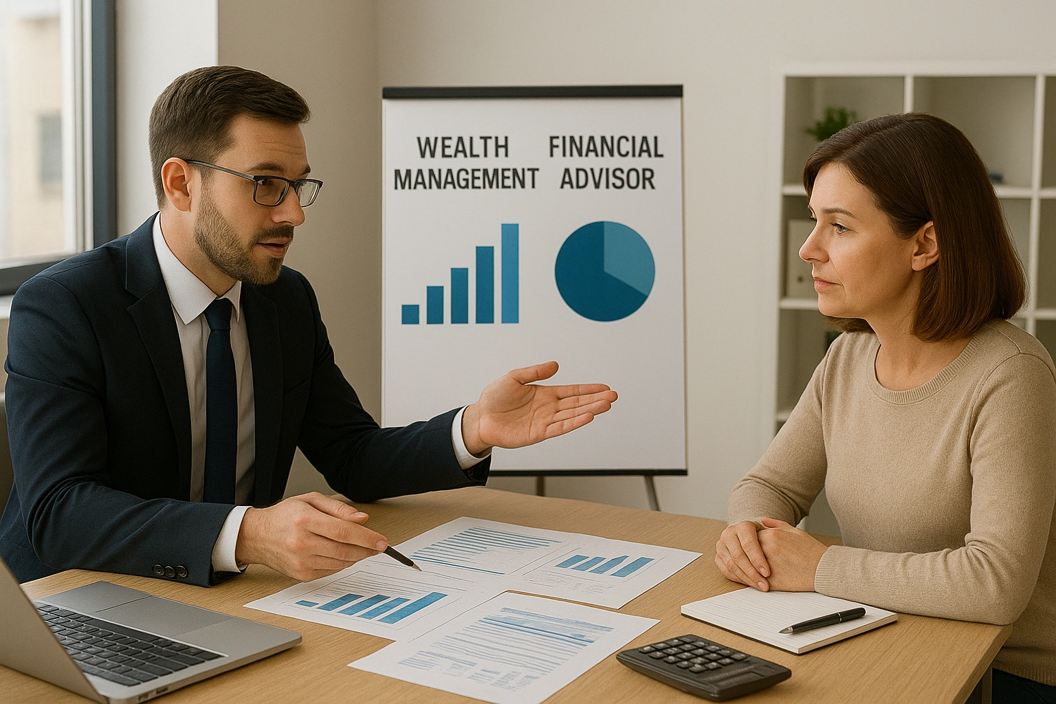 A professional explains financial charts to a client, illustrating the wealth management vs financial advisor difference.