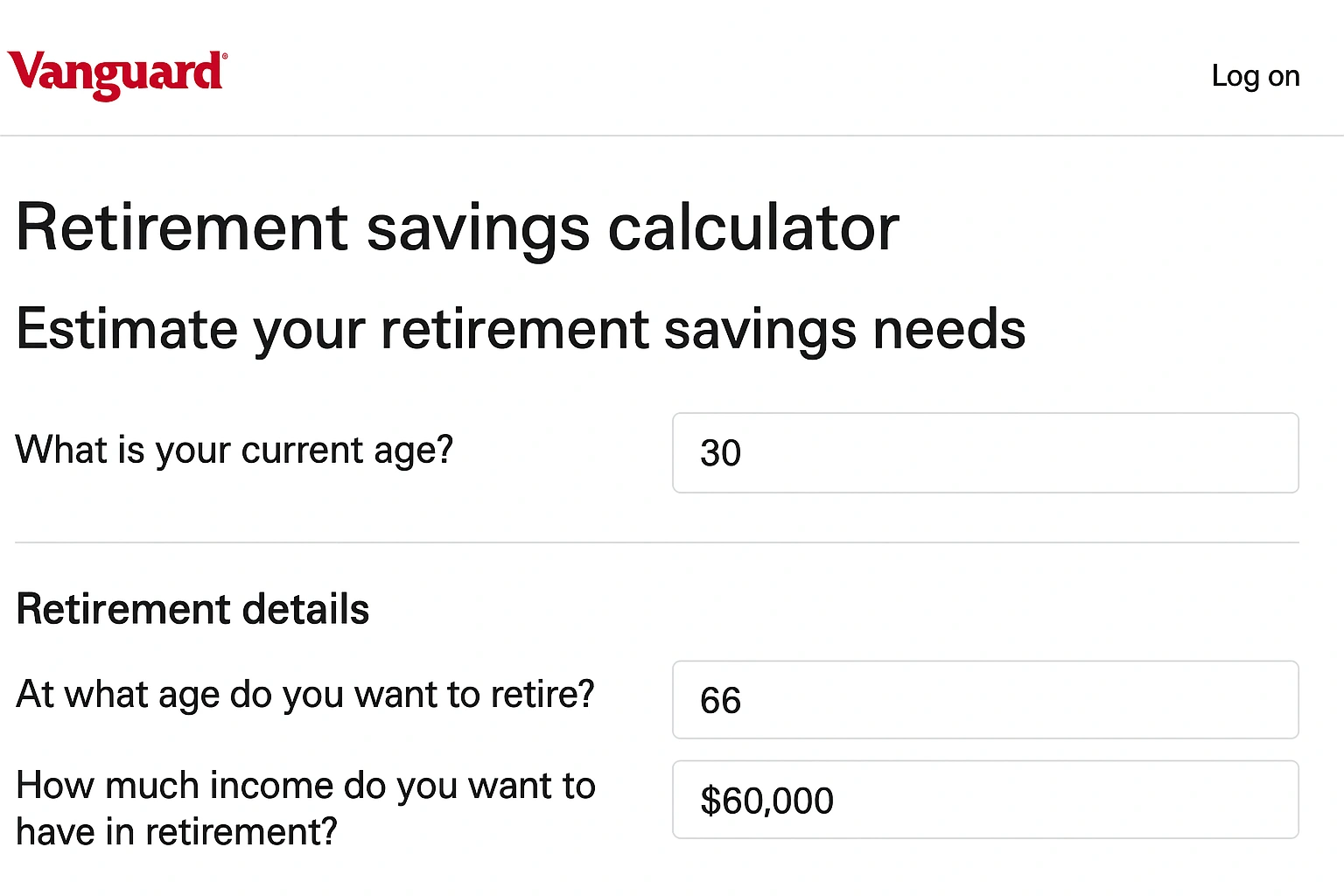 A screenshot of the Vanguard retirement savings calculator, a top example of pension planning tools.