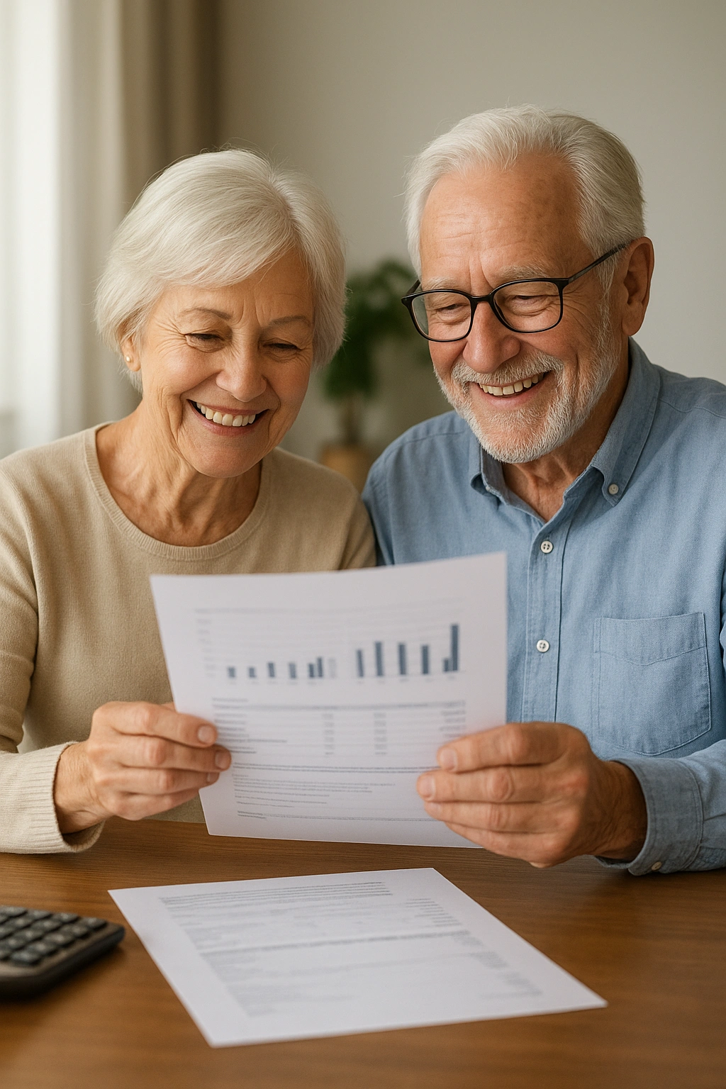 A smiling senior couple reviewing documents, illustrating the importance of long-term wealth management for retirement.