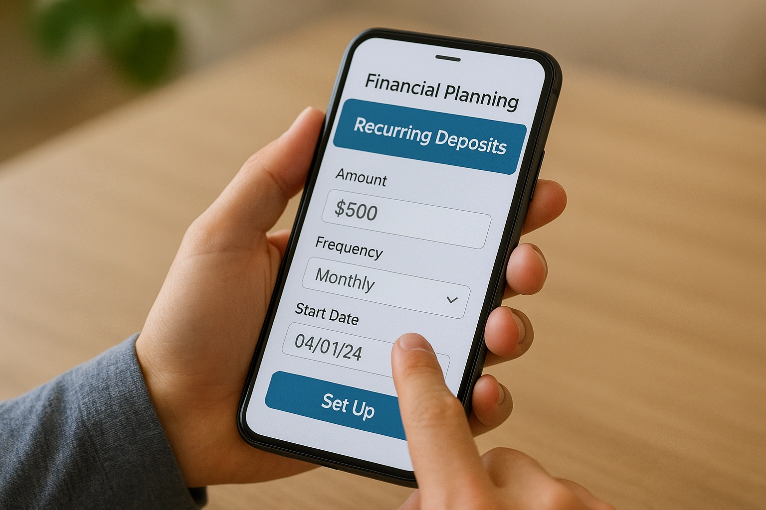 A user setting up recurring deposits on an online financial planning app, a key best practice.