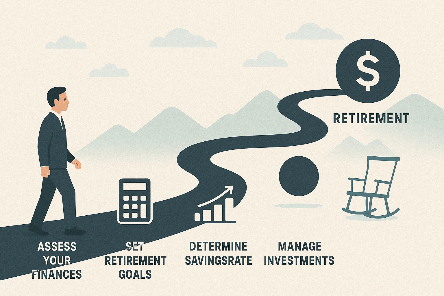A visual representation of a financial journey, illustrating a retirement planning guide.