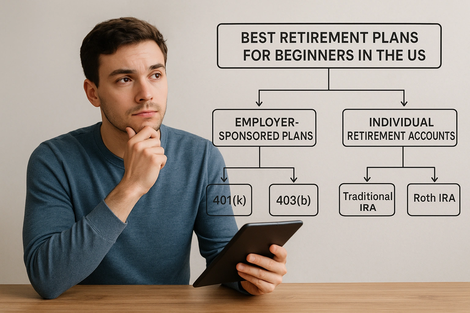 A young person considering retirement plans for beginners to start saving for the future.