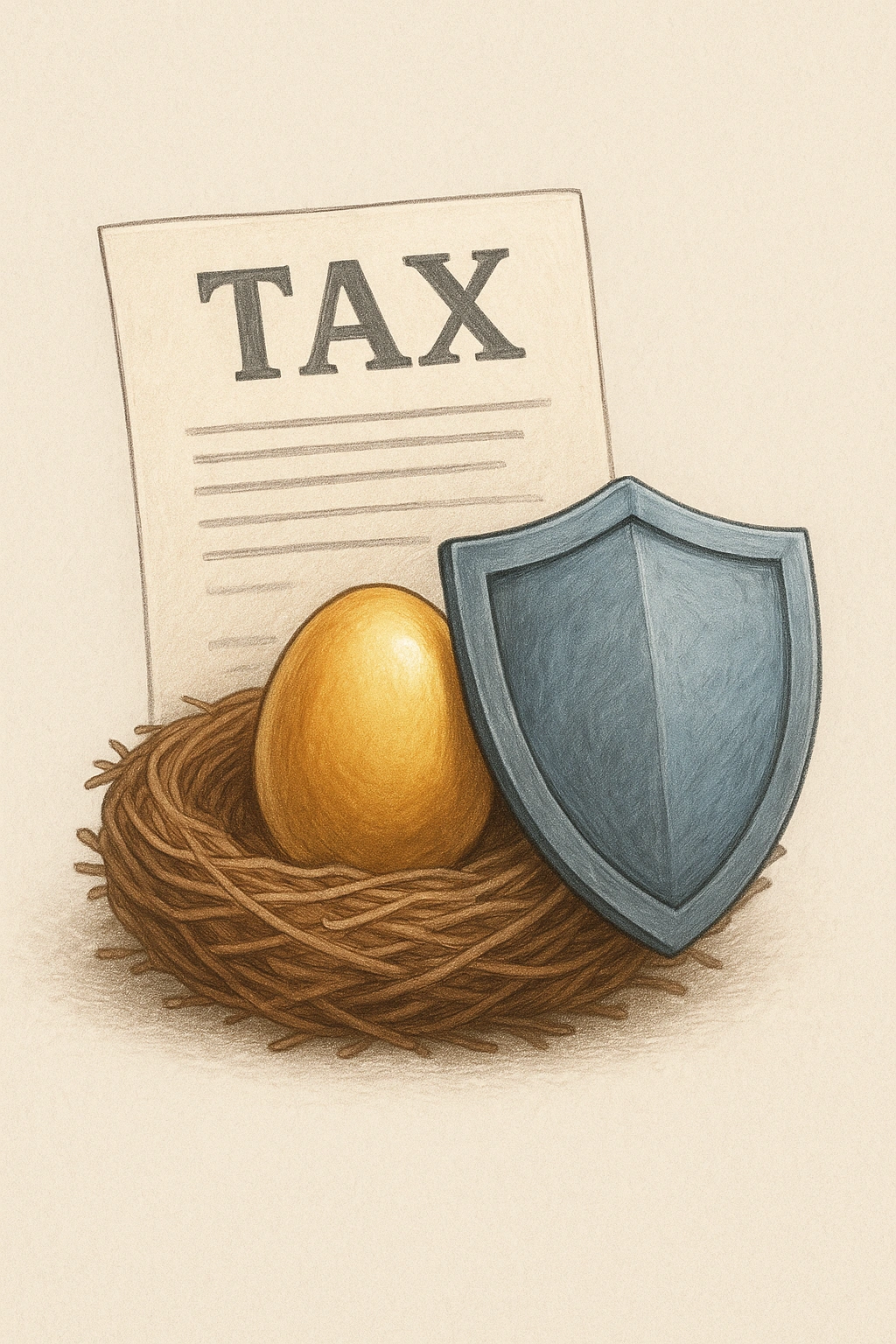 An illustration of a growing nest egg shielded from taxes, representing retirement tax savings.