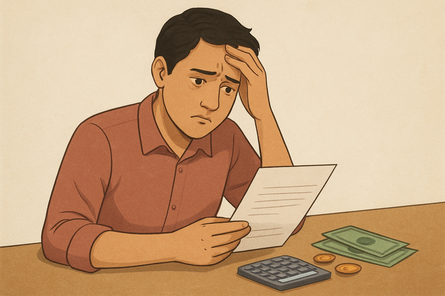 An illustration of a person looking worriedly at their finances, representing the need to avoid retirement planning mistakes.