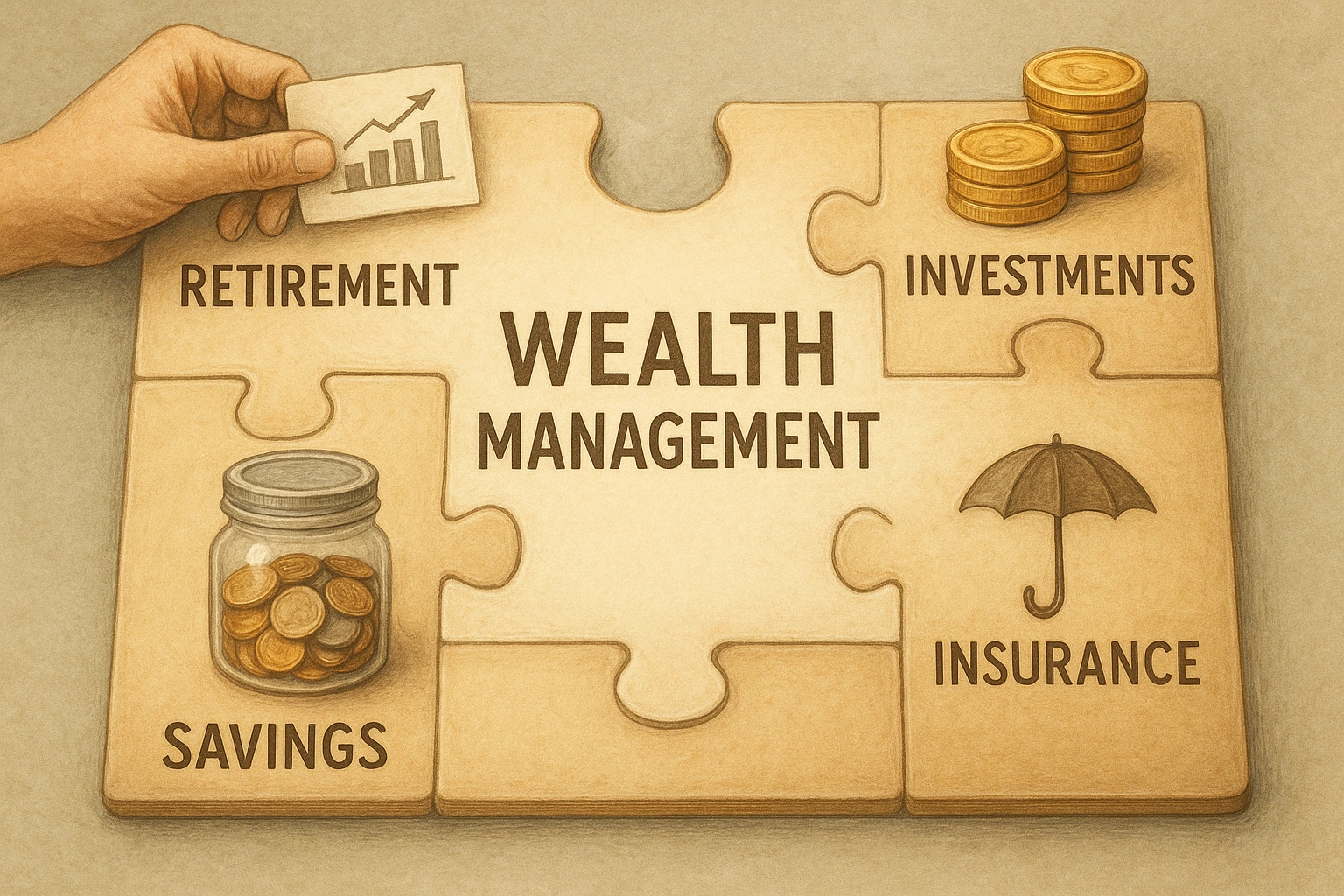 An illustration showing the interconnected pieces of wealth management for retirement.